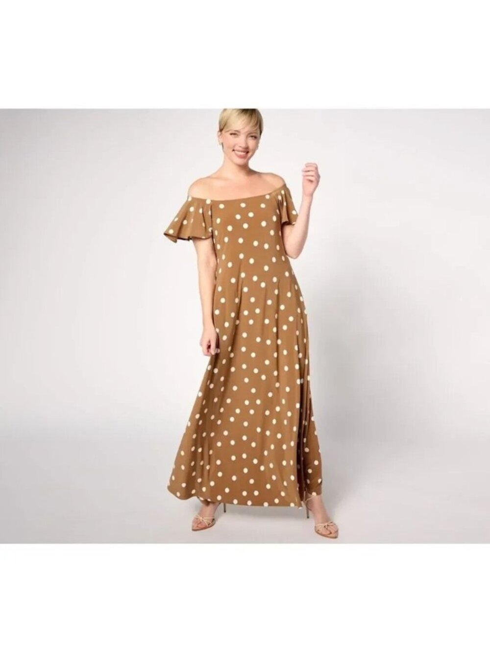 Attitudes by Renee Dress Petite Jersey Flutter Sleeve Maxi Brown A637010